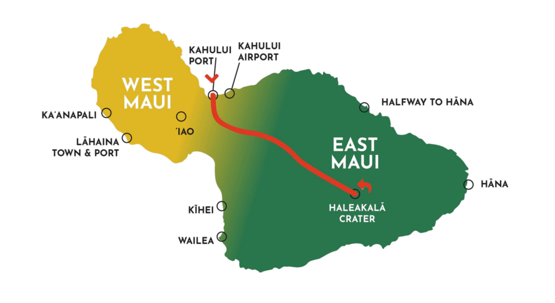 Map of Maui showing West and East regions with ports, airport, and key locations.